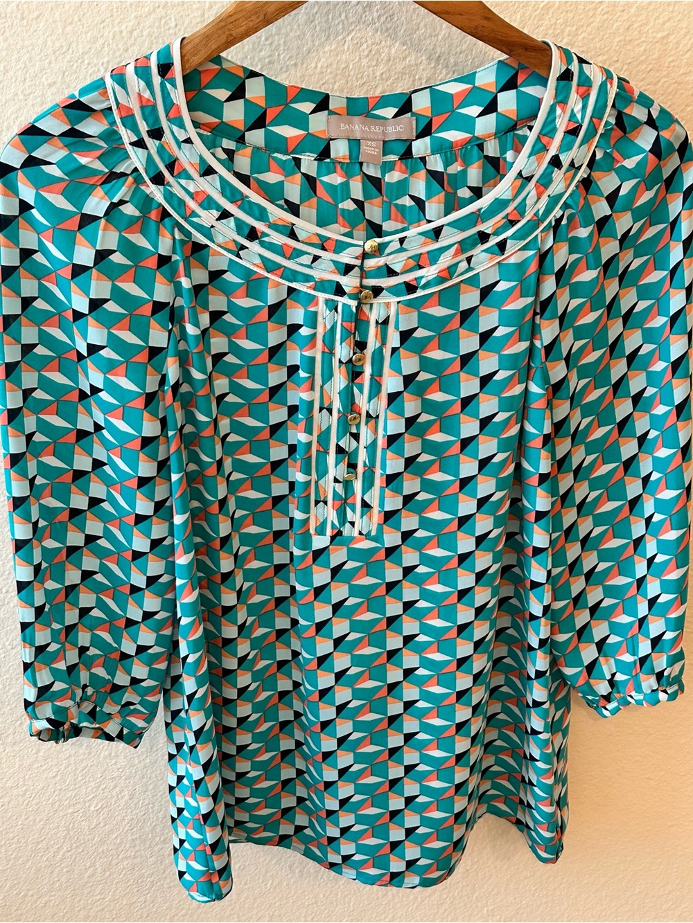 Banana Republic Teal and Coral Geometric Print Blouse